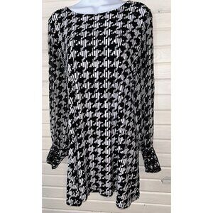 Alfani Sz MEDIUM Black White Houndstooth Blouse Tunic w/ Faux Leather Trim EUC